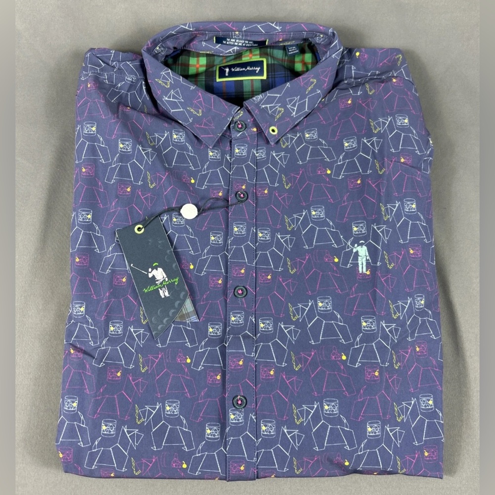 William Murray Golf Sport Shirt Polo Scotch Blend Print LS Large Blue